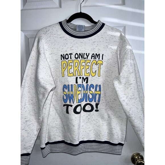 Vintage 90s LA LOVING Gray Sweatshirt Not Only Am I Perfect I'm Swedish Too Sz L - Picture 2 of 8